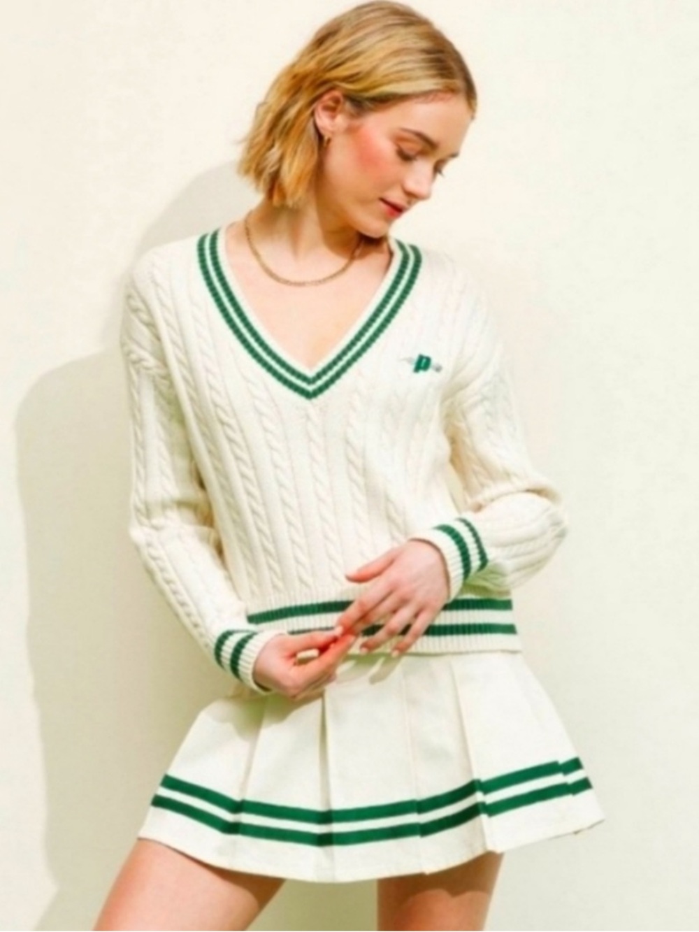 Target Cream Cable V-Neck Sweater with Green Stripe Trim